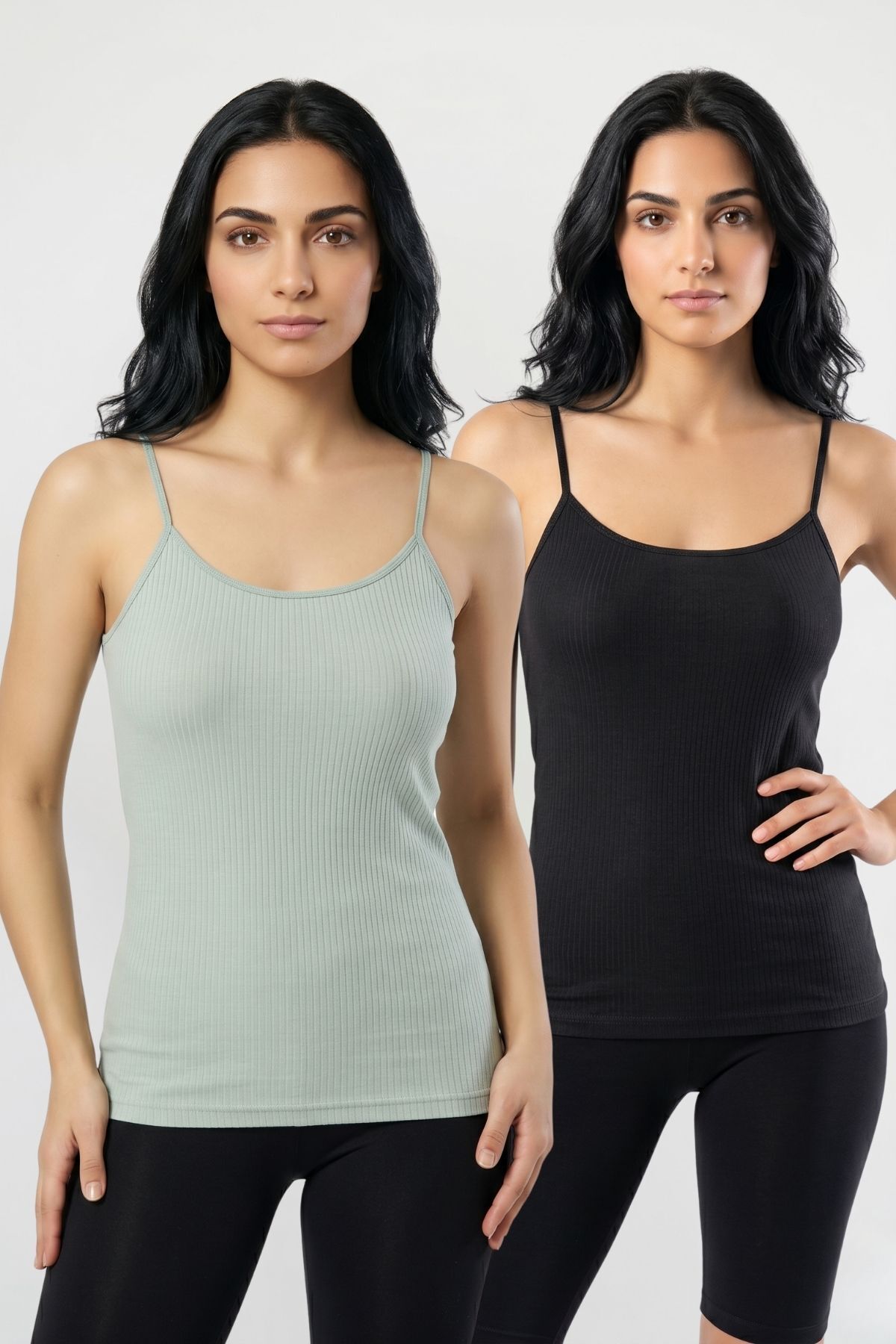 2'li Paket Kadın %95 Pamuklu İp Askılı Ribana Atlet Esnek Nefes Alan Kumaş Günlük Basic İç Giyim Vücudu Saran Kaşkorse Tarzı İkili Set - SİYAH-YEŞİL - Görsel 1