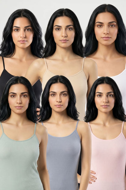 6'lı Paket Kadın %95 Pamuklu İp Askılı Ribana Atlet Esnek Nefes Alan Kumaş Günlük Basic İç Giyim Vücudu Saran Kaşkorse Tarzı Çoklu Rahat Kombinlenebilir Ekonomik Altılı Set
