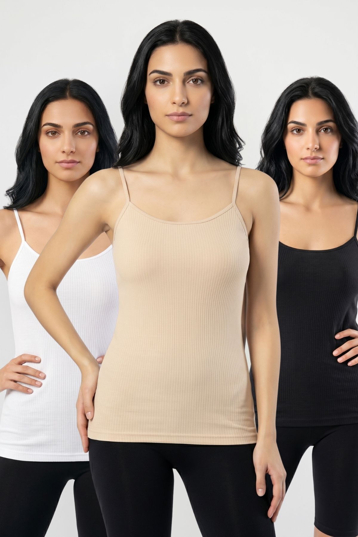 3'lü Paket Kadın %95 Pamuklu İp Askılı Ribana Atlet Esnek Nefes Alan Kumaş Günlük Basic İç Giyim Vücudu Saran Kaşkorse Tarzı Üçlü Set - SYH-BYZ-TN - Görsel 1
