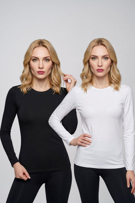 2'li Paket Kadın Uzun Kollu Bisiklet Yaka Pamuklu Esnek Body Bluz Günlük Basic Rahat Kesim İçlik Tişört Seti