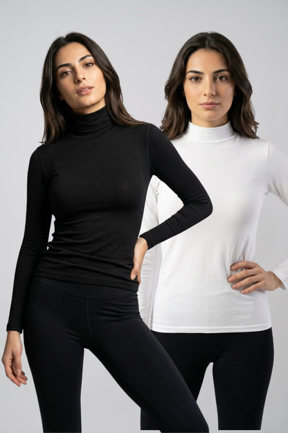 2'li Paket Kadın Pamuklu Dik Yaka Uzun Kollu Esnek Basic Body Bluz - İkili Set Yarım Boğazlı Günlük T-Shirt
