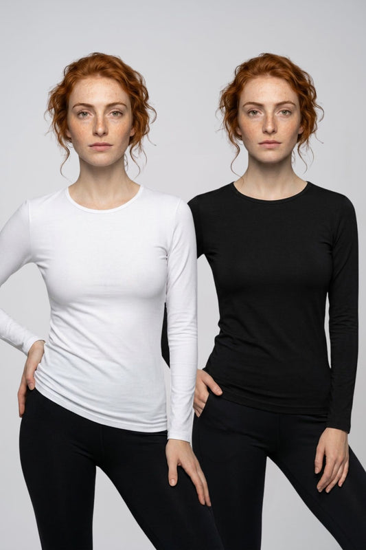 Kadın 2'li Paket Siyah & Beyaz Uzun Kollu Bisiklet Yaka Pamuklu Likralı Esnek Body Tişört Seti Günlük Temel Giyim M-3XL