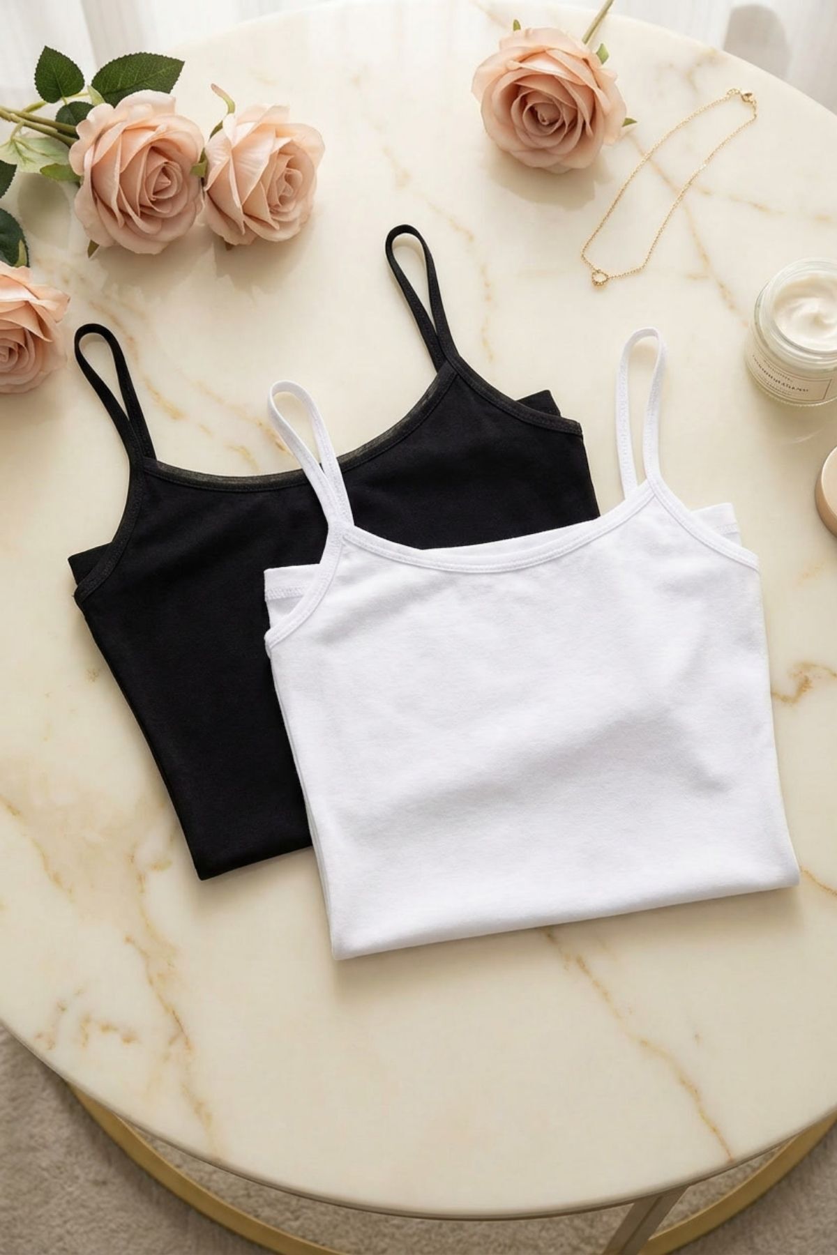 2'li Paket Siyah Beyaz Kadın %95 Bambu Tül Biyeli İnce Askılı Basic Atlet - Esnek ve Nefes Alabilen - Siyah - Beyaz - Görsel 1
