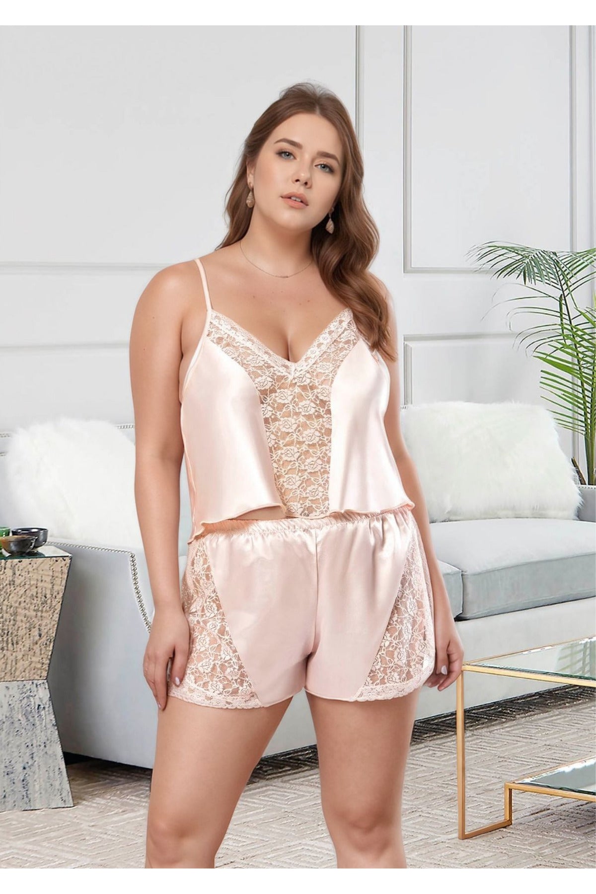 Kadın Büyük Beden Saten Şortlu Pijama Takımı Dantel Detaylı Somon