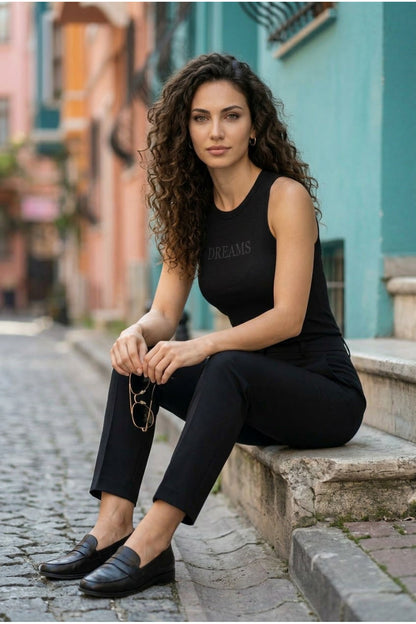 Kadın Pamuklu Kaşkorse Kalın Askılı Bisiklet Yaka Önü Yazı Baskılı Esnek Dar Kesim Slim Fit Spor ve Günlük Atlet - Siyah - Görsel 3