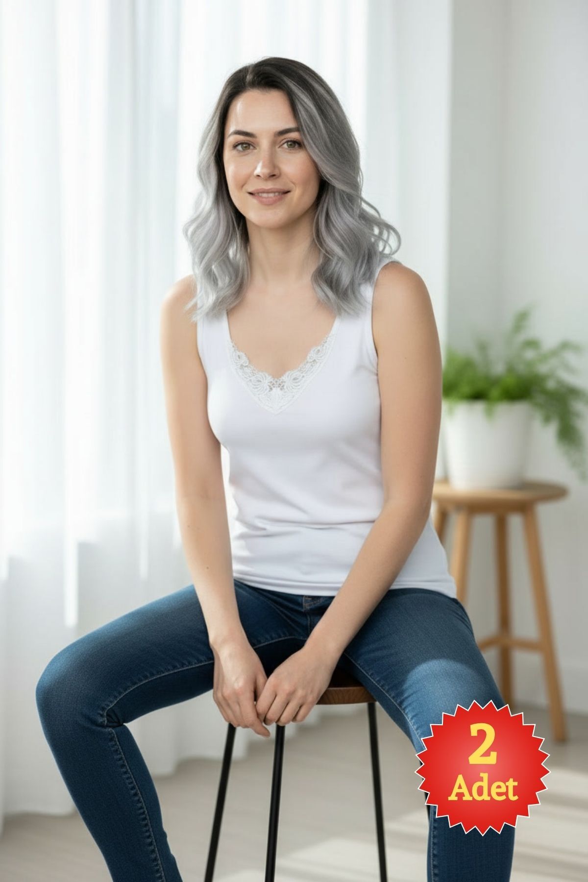 2'li Kadın Beyaz %100 Pamuklu Dantelli Kalın Askılı Ribana Atlet (S-5XL)