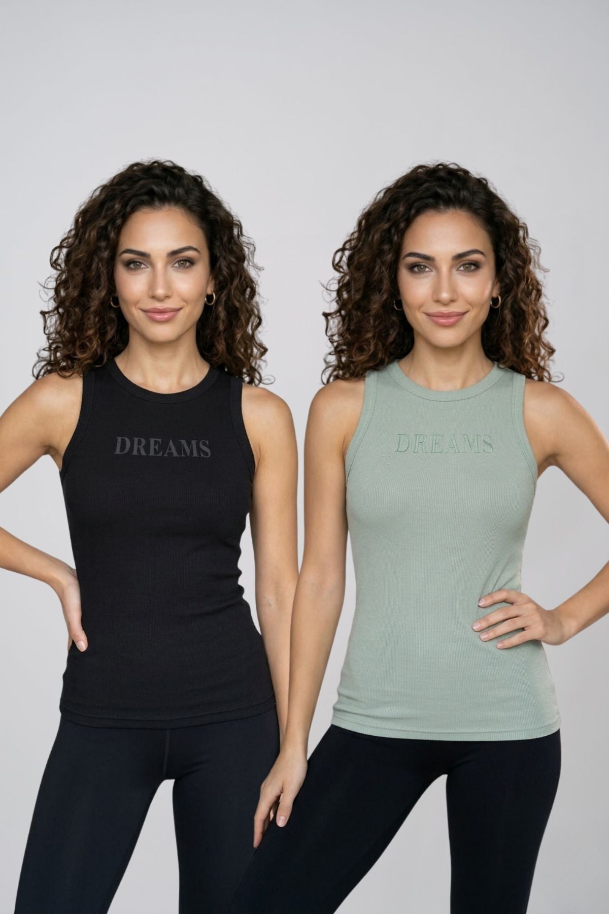 Kadın 2'li Paket Pamuklu Kaşkorse Kalın Askılı Bisiklet Yaka Önü Yazı Baskılı Esnek Dar Kesim Slim Fit Spor ve Günlük Atlet Seti - SİYAH-YEŞİL - Görsel 1