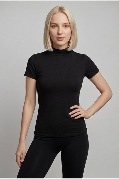 Kadın Pamuklu Yarım Balıkçı Yaka Kısa Kollu Basic Tişört Esnek Dik Yaka Günlük Şık Likralı T-Shirt Bluz