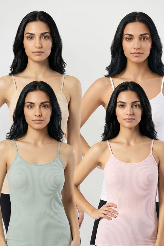 4'lü Paket Kadın %95 Pamuklu İp Askılı Ribana Atlet Esnek Nefes Alan Kumaş Günlük Basic İç Giyim Vücudu Saran Kaşkorse Tarzı Çoklu Rahat Kombinlenebilir Dörtlü Set