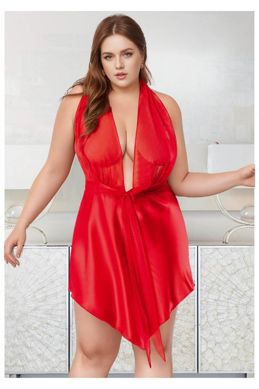 Kadın Kırmızı Büyük Beden Saten Gecelik - Boyundan Bağlamalı Plus Size Gecelik