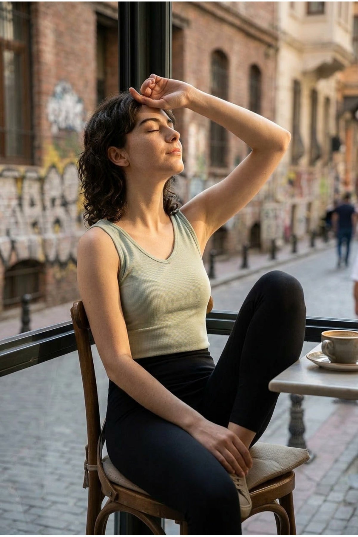 Kadın V Yaka Kalın Askılı Kendinden Sütyenli Kaplı Fitilli Kaşkorse Pamuklu Esnek Günlük Atlet - Yeşil - Görsel 3