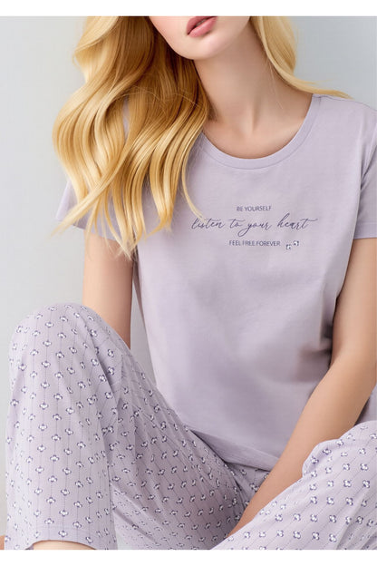 Kadın Lila Pamuklu Kısa Kollu Pijama Takımı - Baskılı Alt Üst Set