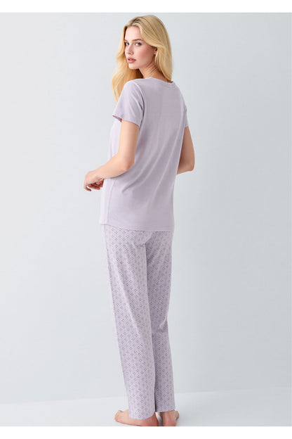 Kadın Lila Pamuklu Kısa Kollu Pijama Takımı - Baskılı Alt Üst Set