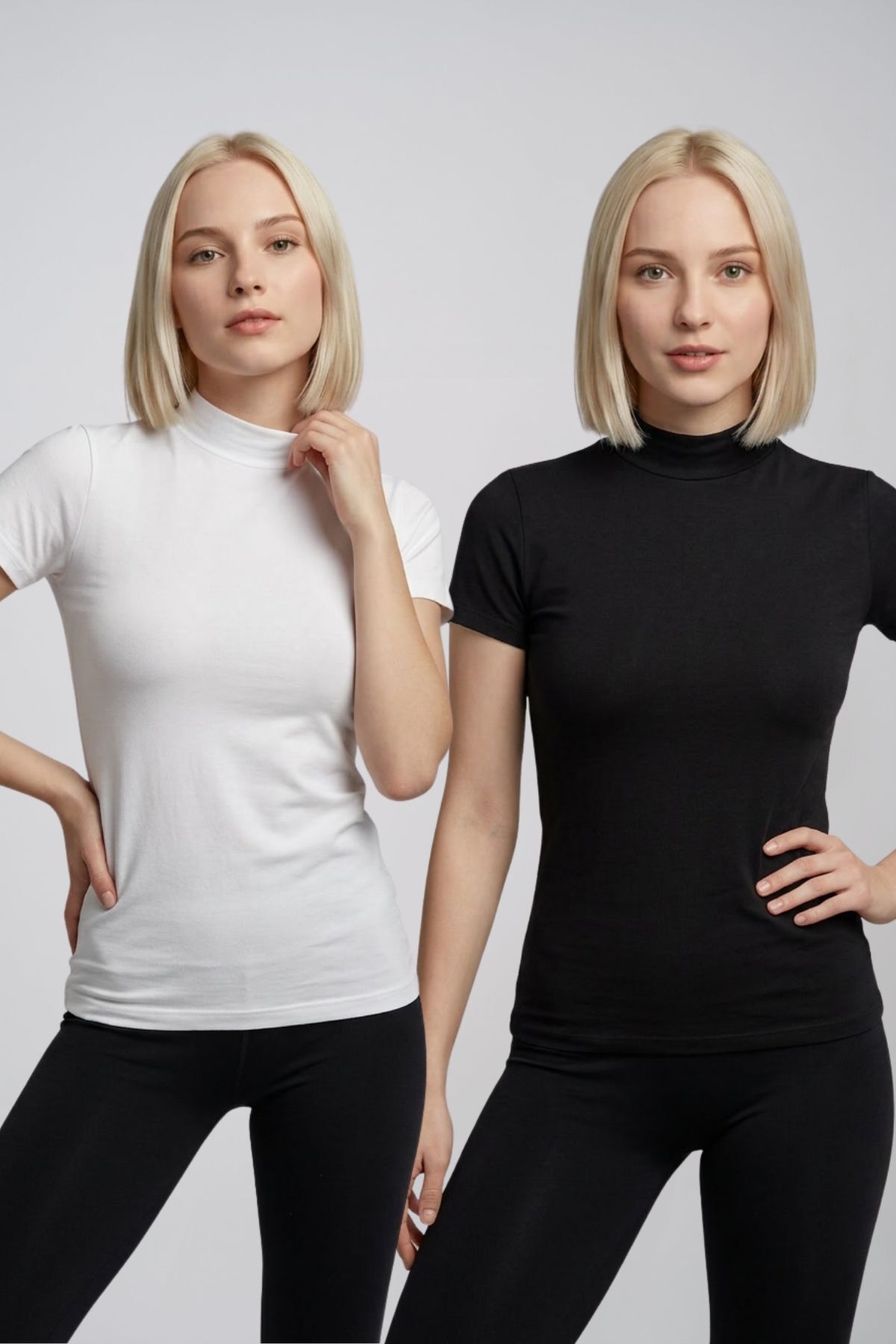 Kadın 2'li Paket Siyah Beyaz Pamuklu Yarım Balıkçı Yaka Kısa Kollu Basic Tişört Esnek Dik Yaka Likralı T-Shirt
