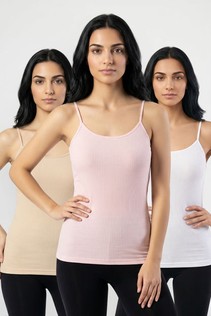 3'lü Paket Kadın %95 Pamuklu İp Askılı Ribana Atlet Esnek Nefes Alan Kumaş Günlük Basic İç Giyim Vücudu Saran Kaşkorse Tarzı Üçlü Set - BYZ-TN-PME - Görsel 1