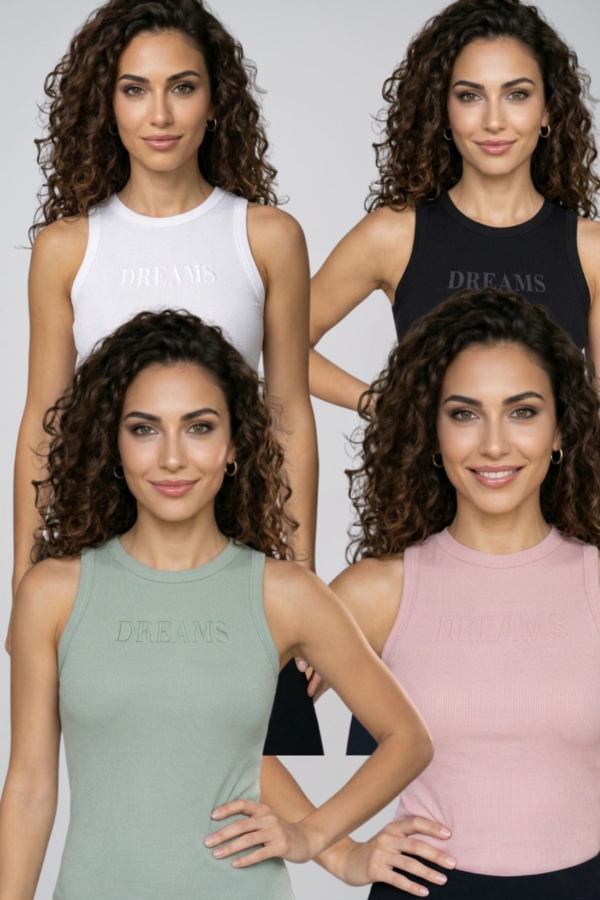 Kadın 4'lü Paket Pamuklu Kaşkorse Kalın Askılı Bisiklet Yaka Önü Yazı Baskılı Esnek Dar Kesim Slim Fit Günlük Spor Atlet Seti - SİYAH-BEYAZ-PUDRA-YEŞİL - Görsel 1