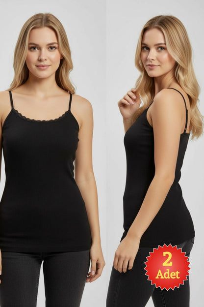 Kadın Beyaz %100 Pamuk Kaşkorse Dantelli İp Askılı Atlet 2'li Paket