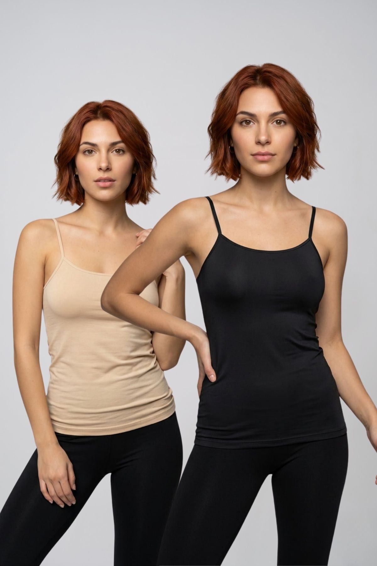 2'li Avantaj Paketi Kadın Pamuklu Kendinden Sütyenli İp Askılı Atlet Göğüs Pedli Kaplı Toparlayıcı Basic Bralet İç Giyim - SİYAH-TEN - Görsel 1