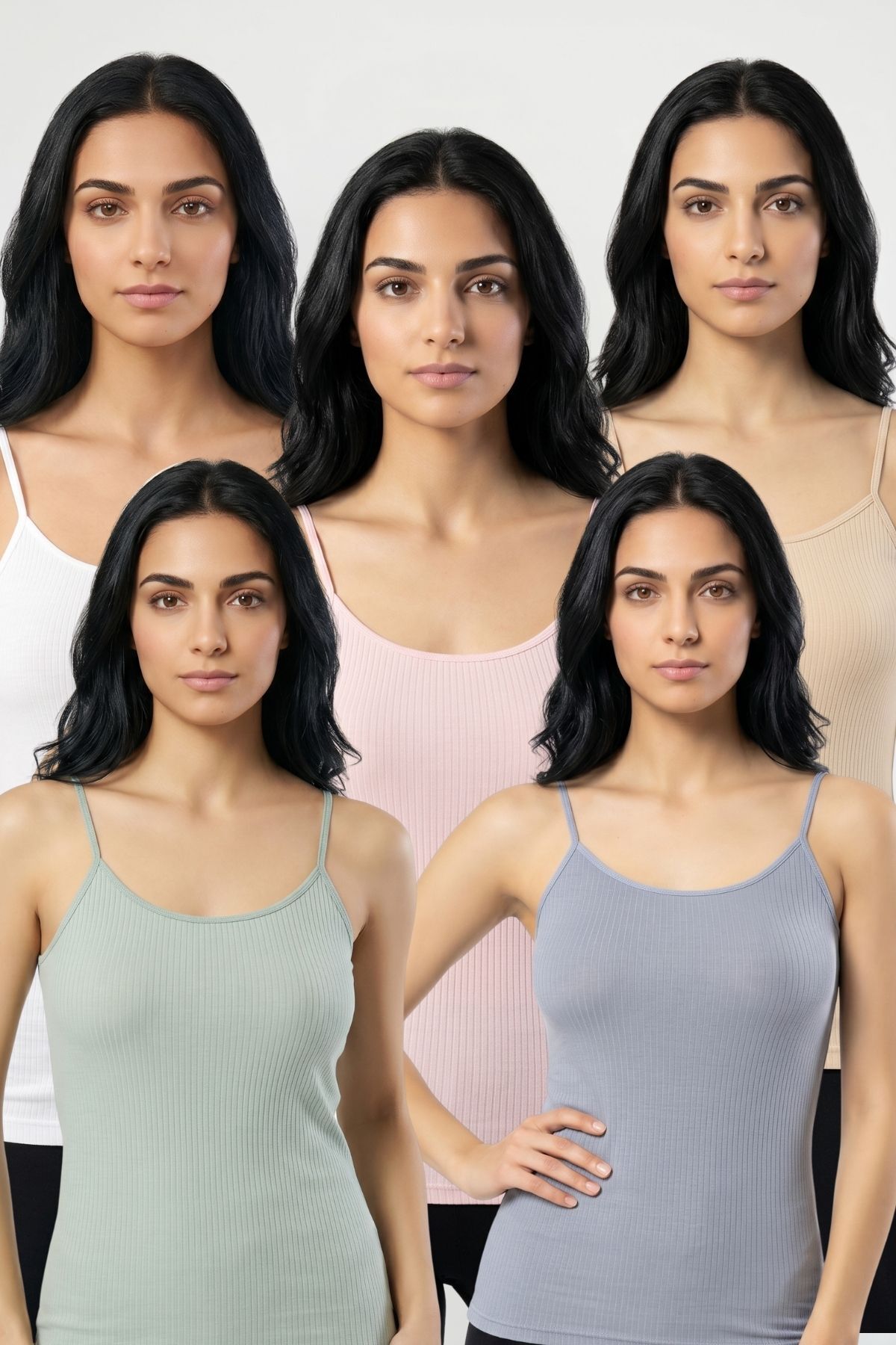 5'li Paket Kadın %95 Pamuklu İp Askılı Ribana Atlet Esnek Nefes Alan Kumaş Günlük Basic İç Giyim Vücudu Saran Kaşkorse Tarzı Çoklu Rahat Kombinlenebilir Ekonomik Beşli Set - BYZ-TN-PME-YŞ-MG - Görsel 1