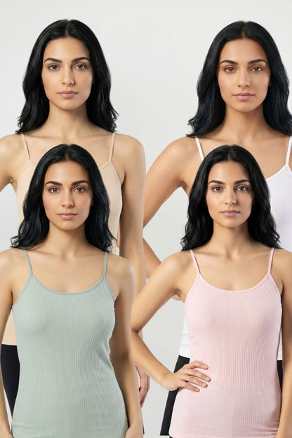 4'lü Paket Kadın %95 Pamuklu İp Askılı Ribana Atlet Esnek Nefes Alan Kumaş Günlük Basic İç Giyim Vücudu Saran Kaşkorse Tarzı Çoklu Rahat Kombinlenebilir Dörtlü Set - BYZ-TN-PME-YŞ - Görsel 1