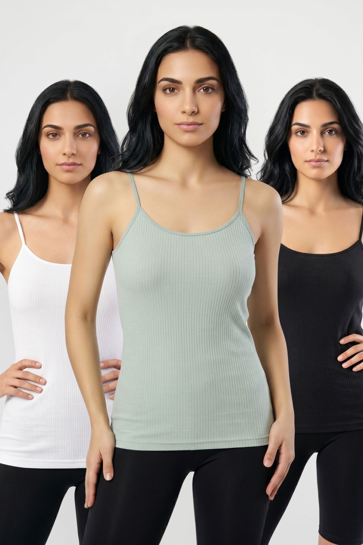 3'lü Paket Kadın %95 Pamuklu İp Askılı Ribana Atlet Esnek Nefes Alan Kumaş Günlük Basic İç Giyim Vücudu Saran Kaşkorse Tarzı Üçlü Set - SYH-BYZ-YŞ - Görsel 1
