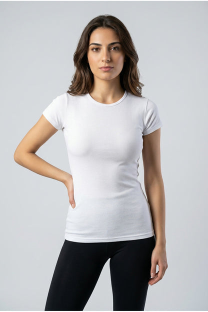 Kadın 2'li Paket Bisiklet Yaka Kısa Kollu Basic Tişört Pamuklu Esnek Dar Kalıp Günlük T-Shirt Seti