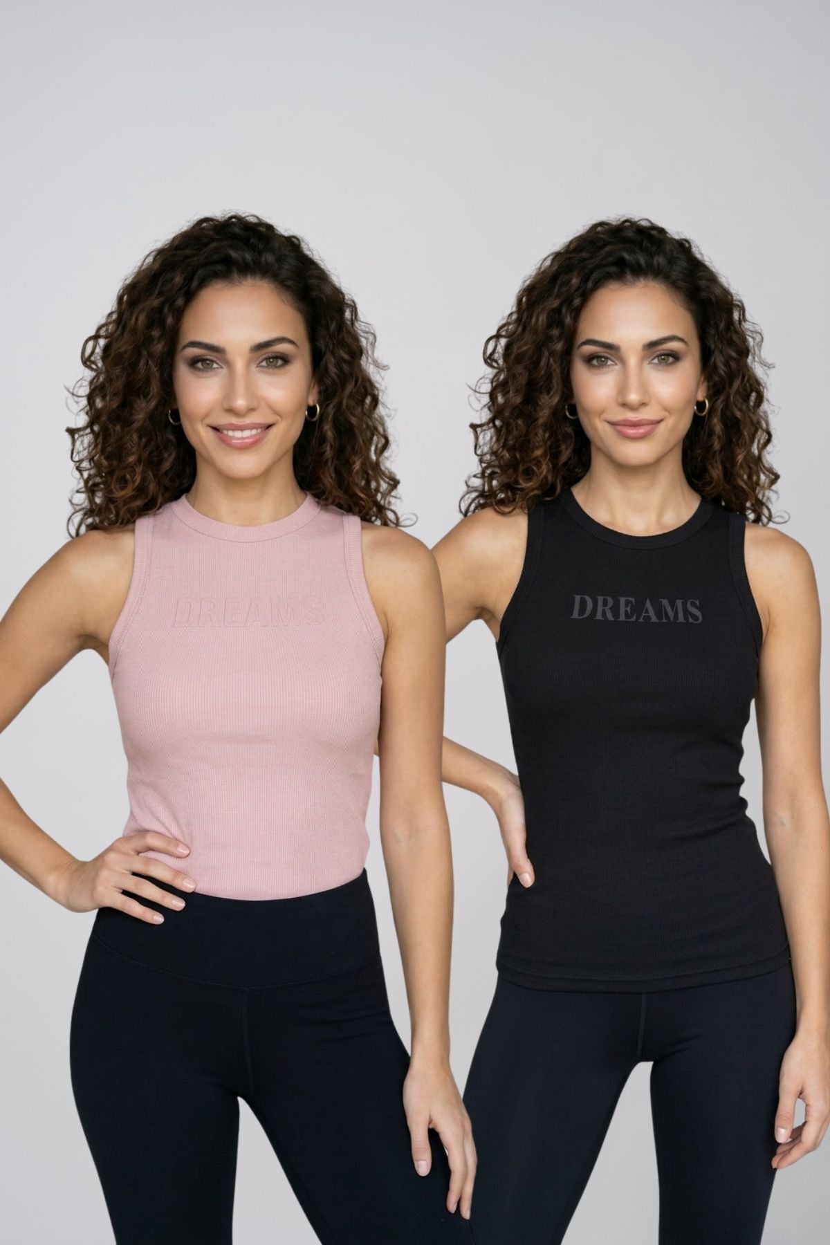 Kadın 2'li Paket Pamuklu Kaşkorse Kalın Askılı Bisiklet Yaka Önü Yazı Baskılı Esnek Dar Kesim Slim Fit Spor ve Günlük Atlet Seti - SİYAH-PUDRA - Görsel 1