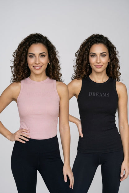 Kadın 2'li Paket Pamuklu Kaşkorse Kalın Askılı Bisiklet Yaka Önü Yazı Baskılı Esnek Dar Kesim Slim Fit Spor ve Günlük Atlet Seti - SİYAH-PUDRA - Görsel 1