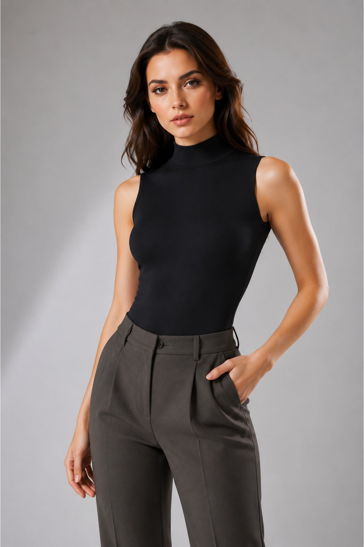 Kadın Pamuklu Dik Yaka Sıfır Kol Kopçalı Çıtçıtlı Badi Siyah Beyaz Esnek Kalın Askılı Yarım Balıkçı Yaka Basic Zıbın Bodysuit İç Giyim - SİYAH - Görsel 2