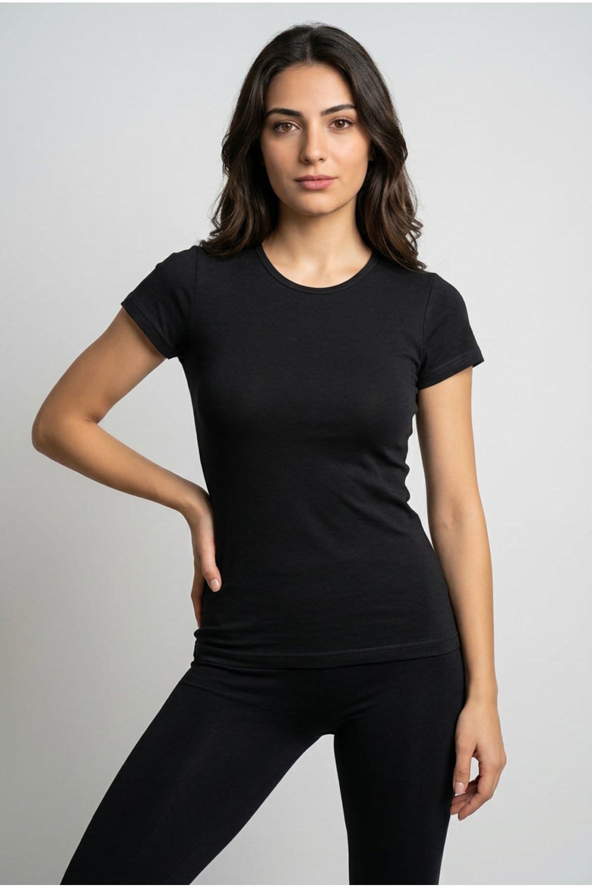 Kadın 2'li Paket Bisiklet Yaka Kısa Kollu Basic Tişört Pamuklu Esnek Dar Kalıp Günlük T-Shirt Seti