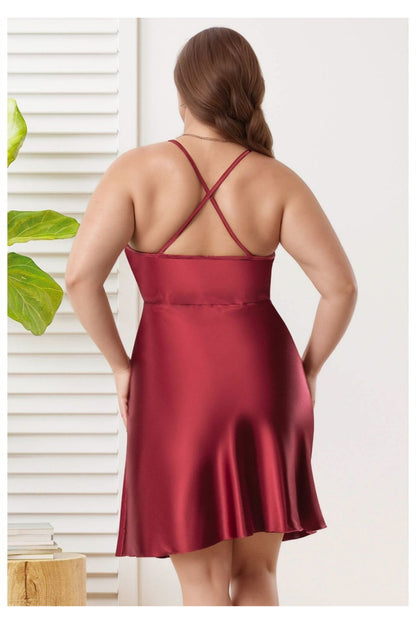 Kadın Bordo Büyük Beden Saten Gecelik - Dantel İşlemeli Plus Size Gecelik