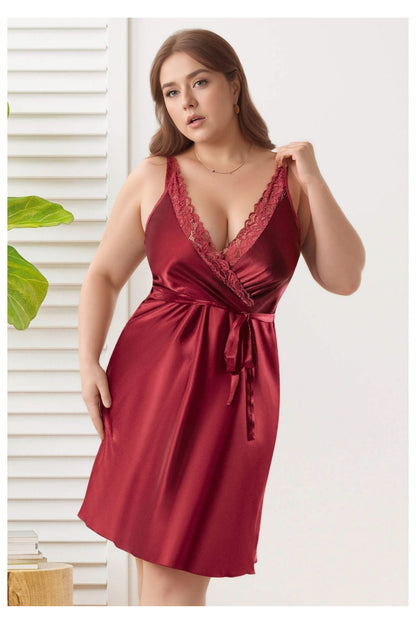 Kadın Bordo Büyük Beden Saten Gecelik - Dantel İşlemeli Plus Size Gecelik