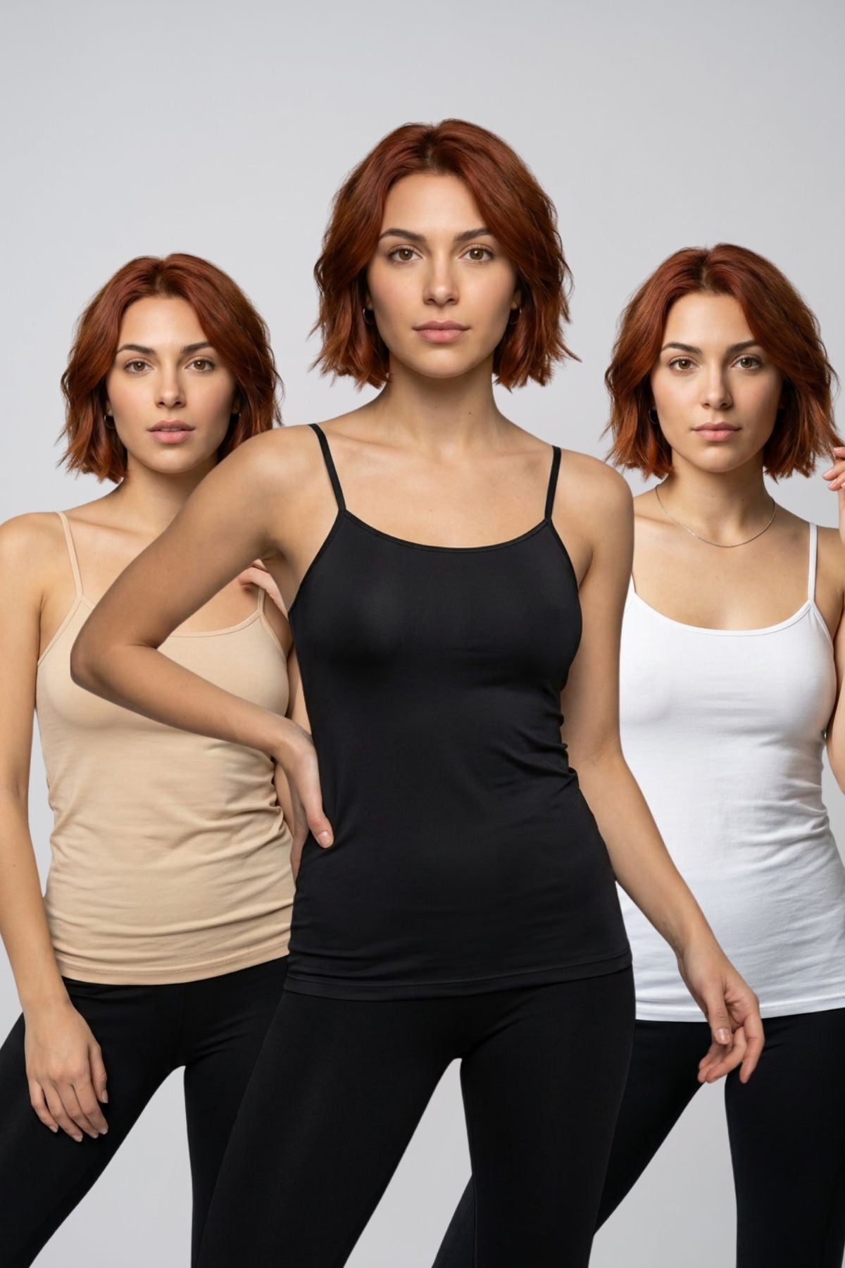 3'lü Avantaj Paketi Kadın %95 Pamuklu Kendinden Sütyenli İp Askılı Atlet Göğüs Pedli Kaplı Toparlayıcı Basic Bralet İç Giyim - SİYAH-BEYAZ-TEN - Görsel 1