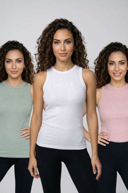 Kadın 3'lü Paket Pamuklu Kaşkorse Kalın Askılı Bisiklet Yaka Önü Yazı Baskılı Esnek Dar Kesim Slim Fit Spor ve Günlük Atlet Seti - BEYAZ-PUDRA-YEŞİL - Görsel 1