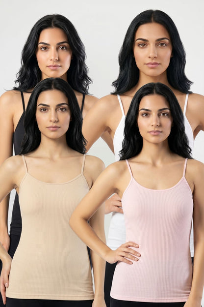 4'lü Paket Kadın %95 Pamuklu İp Askılı Ribana Atlet Esnek Nefes Alan Kumaş Günlük Basic İç Giyim Vücudu Saran Kaşkorse Tarzı Çoklu Rahat Kombinlenebilir Dörtlü Set - SYH-BYZ-TN-PME - Görsel 1