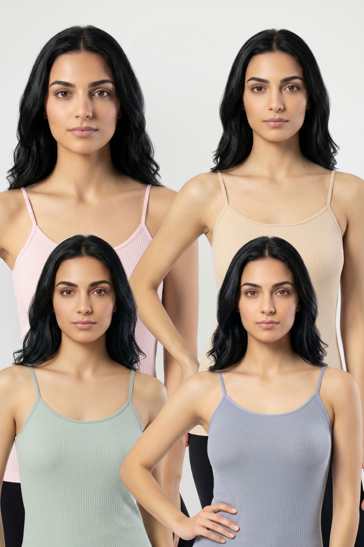 4'lü Paket Kadın %95 Pamuklu İp Askılı Ribana Atlet Esnek Nefes Alan Kumaş Günlük Basic İç Giyim Vücudu Saran Kaşkorse Tarzı Çoklu Rahat Kombinlenebilir Dörtlü Set - TN-PME-YŞ-MG - Görsel 1