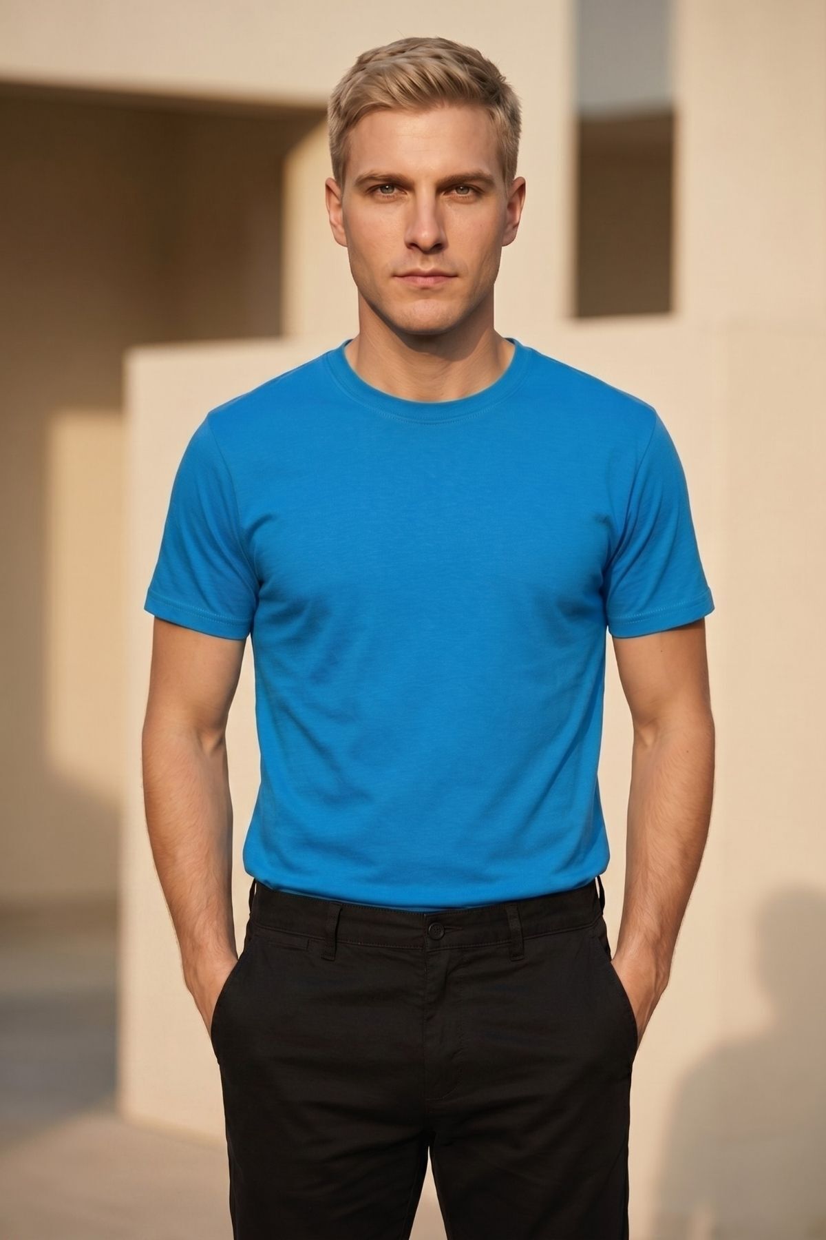 Erkek Bisiklet Yaka Kısa Kollu Basic Tişört Günlük Rahat Esnek Spor T-Shirt Pamuklu Likralı