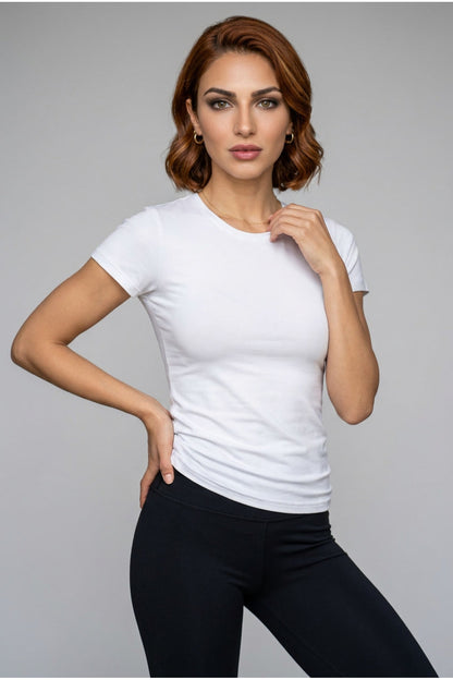 Kadın Bisiklet Yaka Kısa Kollu Pamuklu Basic Tişört Esnek Vücudu Saran Rahat Günlük T-Shirt