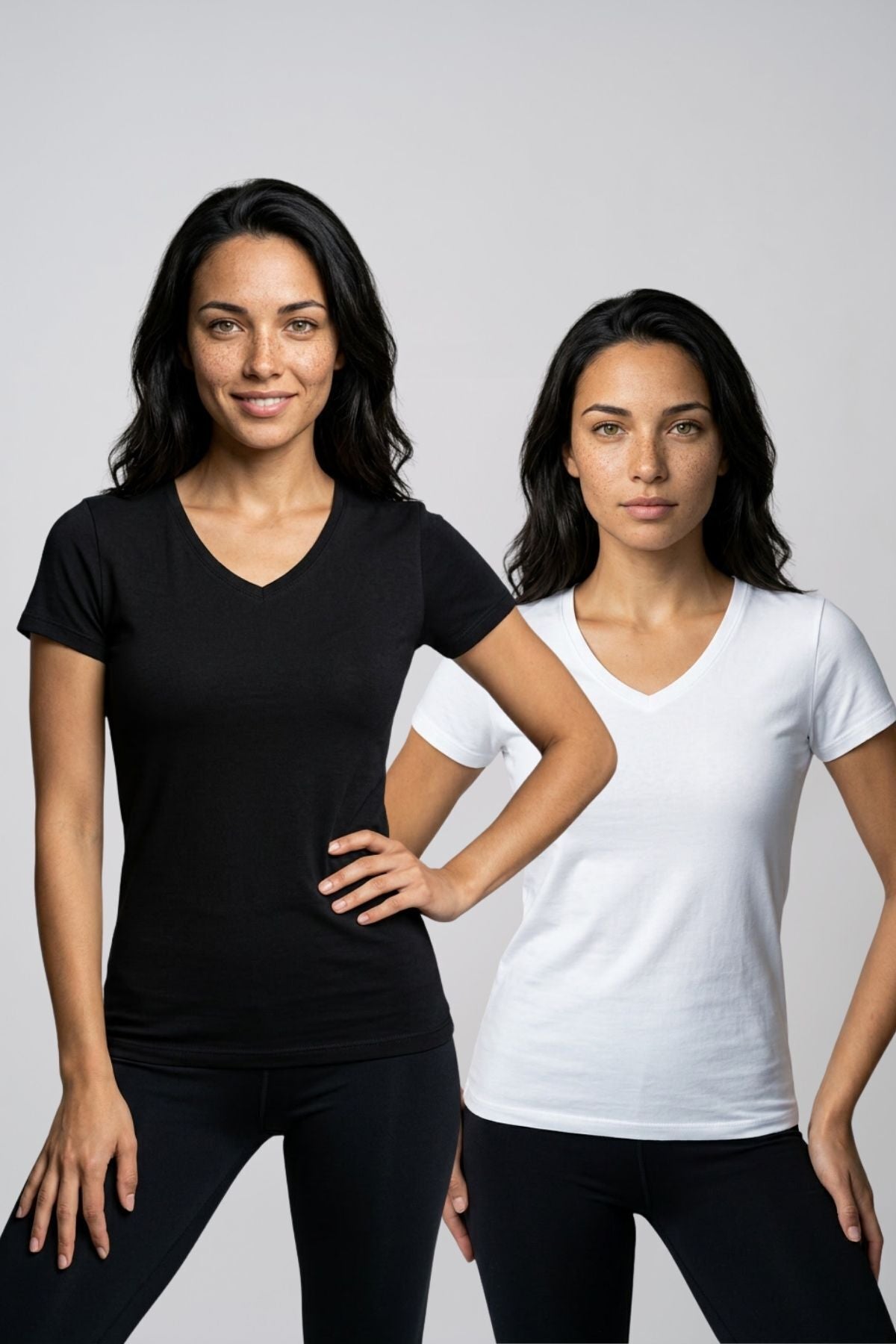 Kadın 2'li Paket V Yaka Kısa Kollu Pamuklu Esnek Basic Tişört Seti Günlük Rahat Kalıp Düz Renk Çoklu T-Shirt