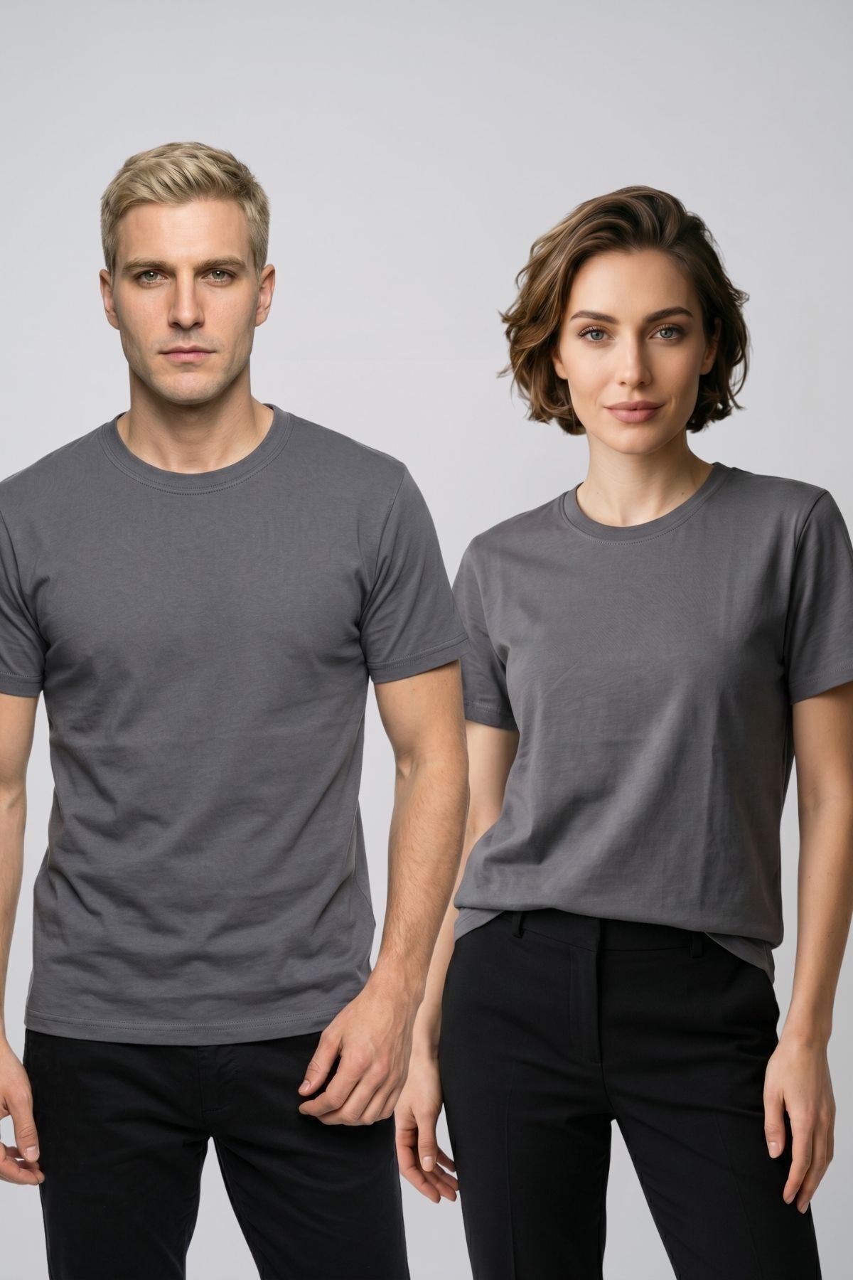 Çift Kombini 2'li Set Bisiklet Yaka Kısa Kollu Basic Tişört - Pamuklu Likralı Esnek Rahat Kesim Günlük Sevgili T-Shirt