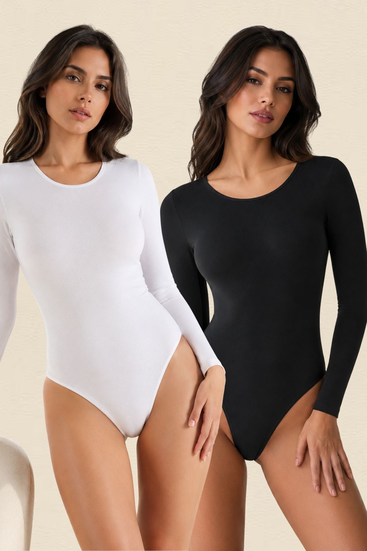 2'li Paket Kadın Pamuklu Uzun Kollu Bisiklet Yaka Alttan Kopçalı Çıtçıtlı Badi Günlük Esnek Rahat Avantajlı Body Seti - SİYAH-BEYAZ - Görsel 1