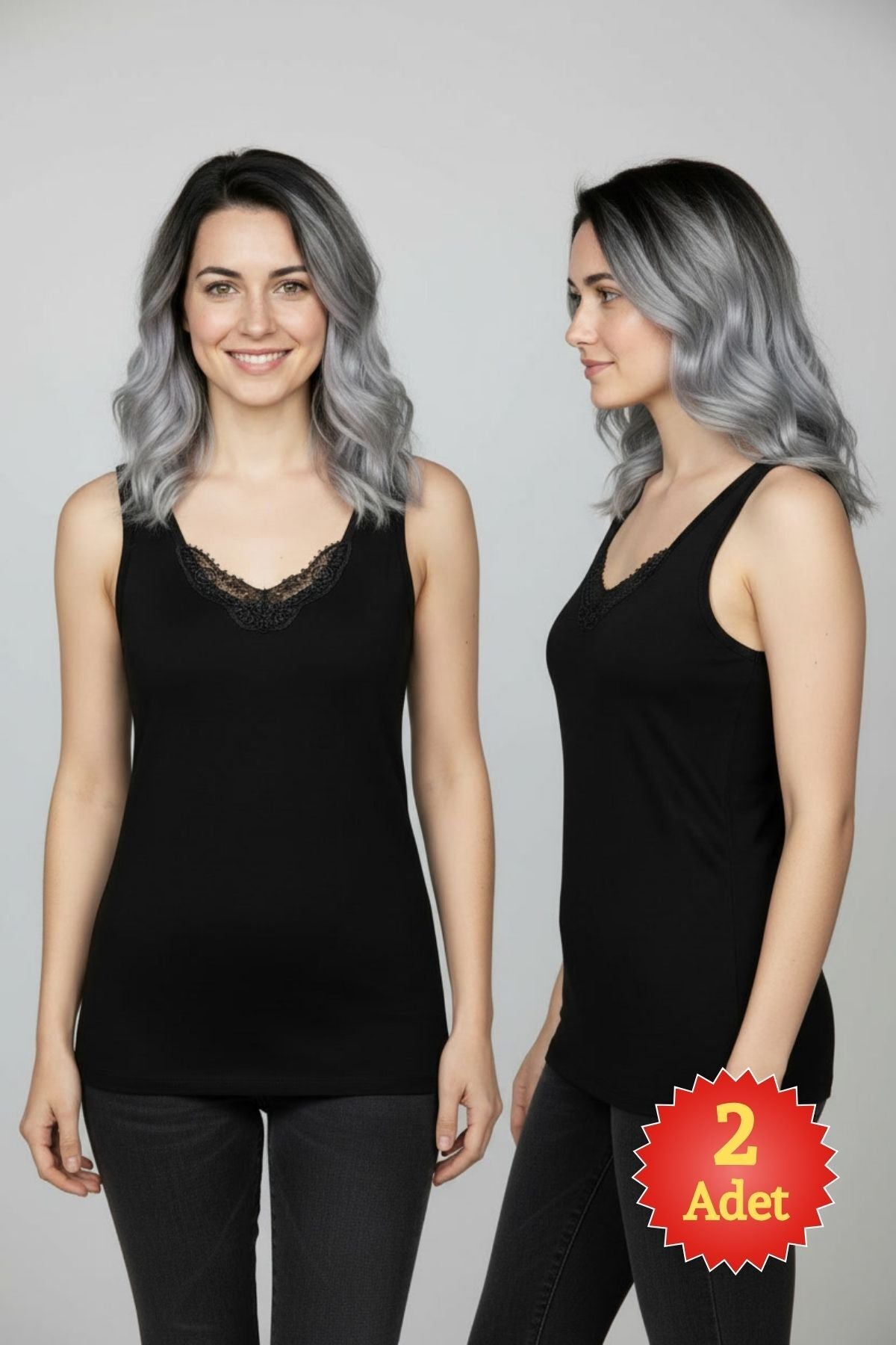 2'li Kadın Beyaz %100 Pamuklu Dantelli Kalın Askılı Ribana Atlet (S-5XL)