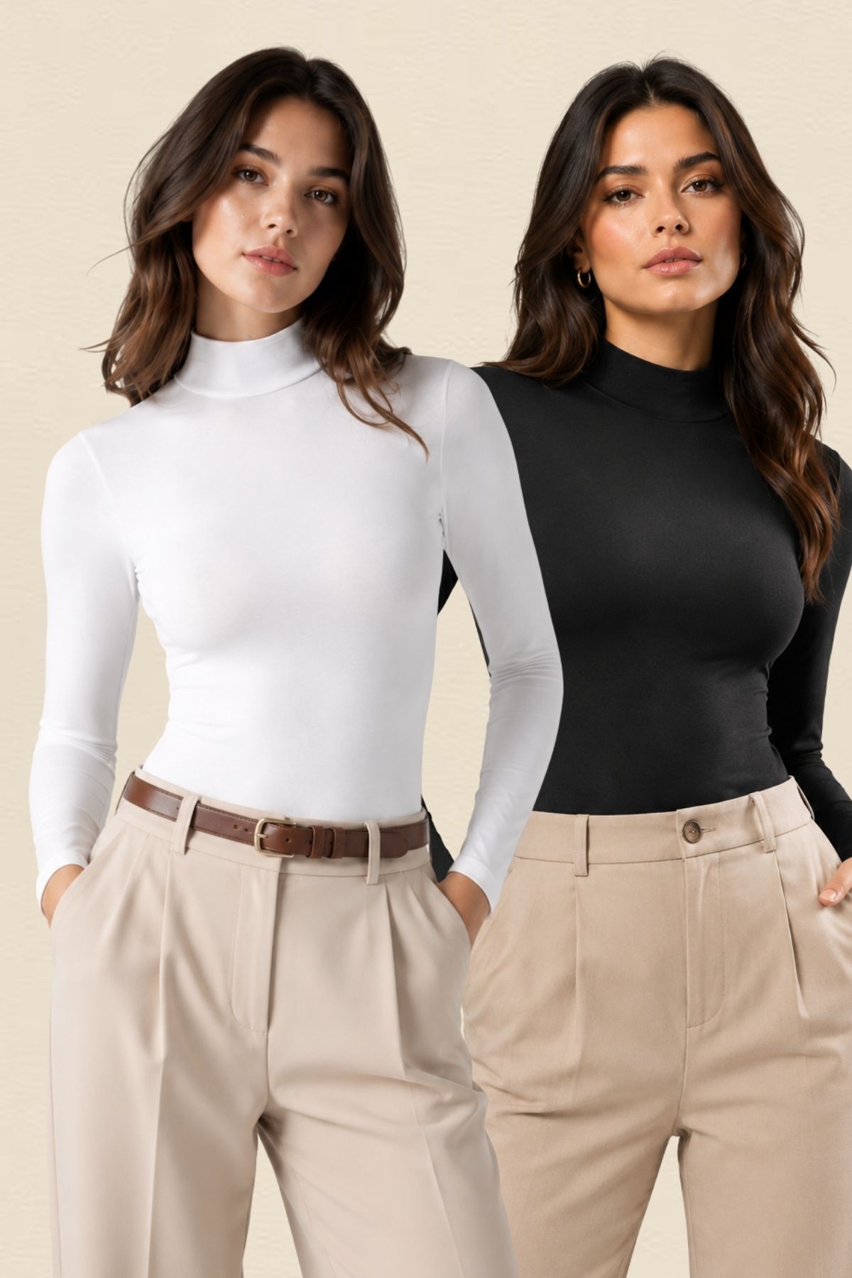 Kadın 2'li Paket Uzun Kollu Yarım Balıkçı Dik Yaka Pamuklu Kopçalı Body - Esnek Basic Çıtçıtlı Badi Seti - SİYAH-BEYAZ - Görsel 8