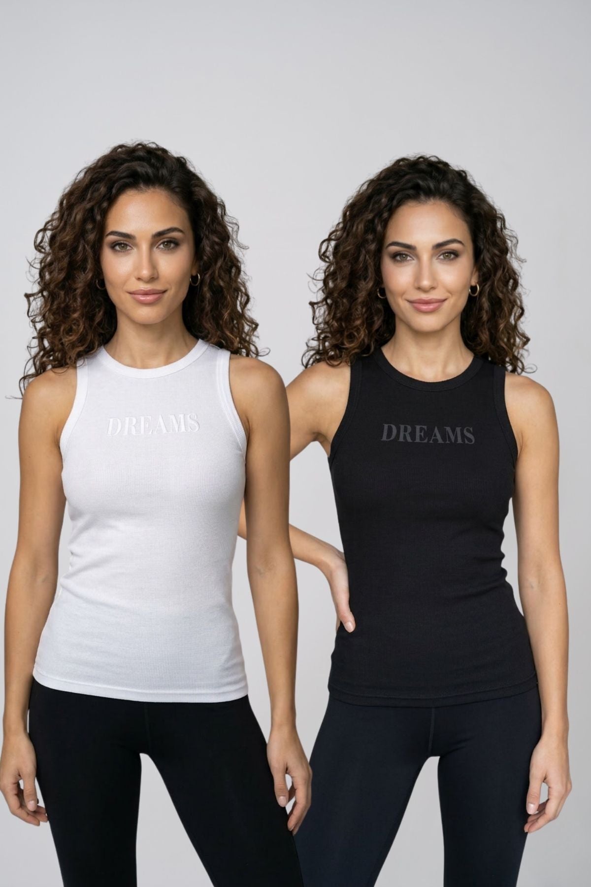 Kadın 2'li Paket Pamuklu Kaşkorse Kalın Askılı Bisiklet Yaka Önü Yazı Baskılı Esnek Dar Kesim Slim Fit Spor ve Günlük Atlet Seti - SİYAH-BEYAZ - Görsel 1