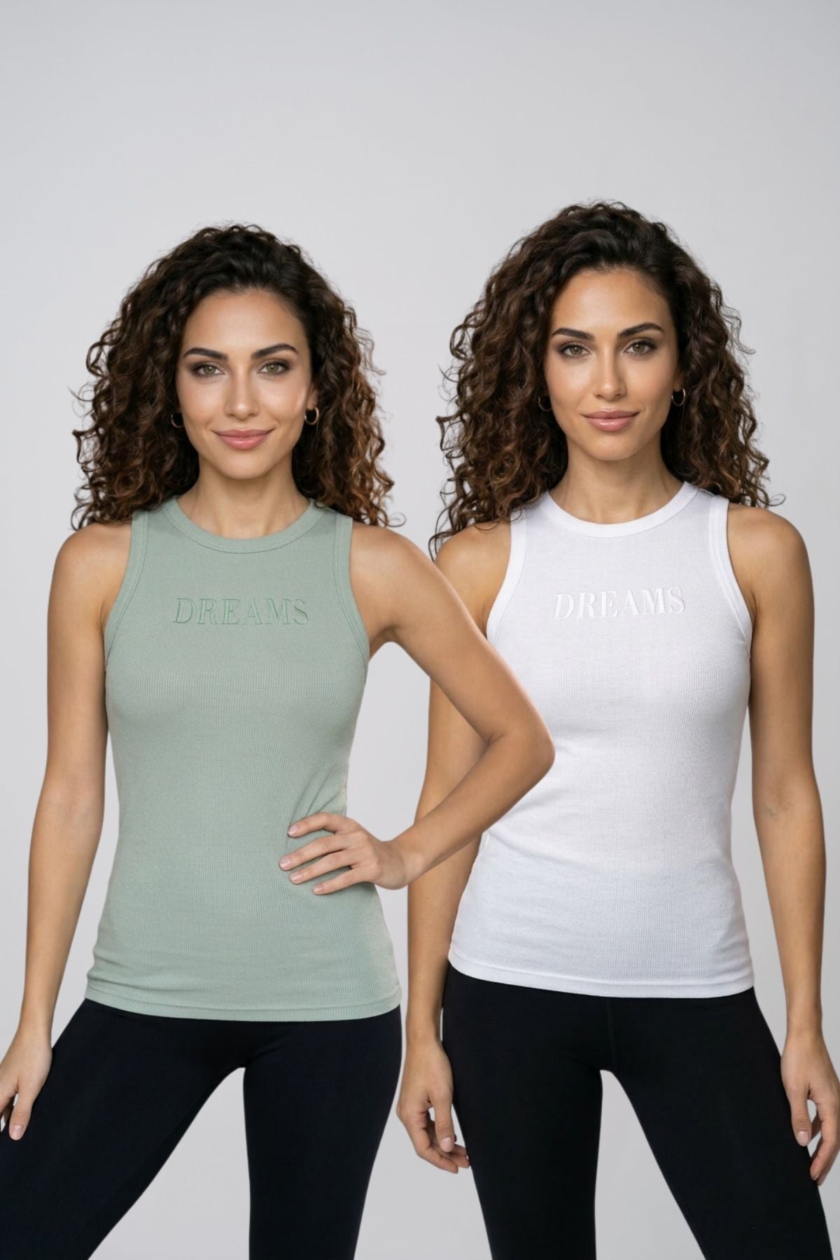 Kadın 2'li Paket Pamuklu Kaşkorse Kalın Askılı Bisiklet Yaka Önü Yazı Baskılı Esnek Dar Kesim Slim Fit Spor ve Günlük Atlet Seti - BEYAZ-YEŞİL - Görsel 1