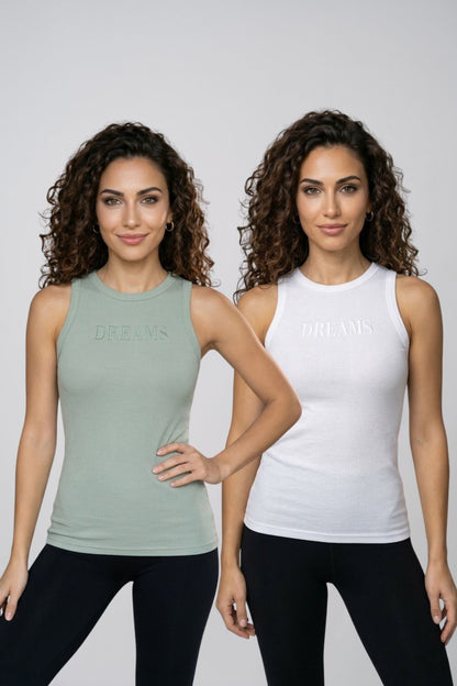Kadın 2'li Paket Pamuklu Kaşkorse Kalın Askılı Bisiklet Yaka Önü Yazı Baskılı Esnek Dar Kesim Slim Fit Spor ve Günlük Atlet Seti - BEYAZ-YEŞİL - Görsel 1