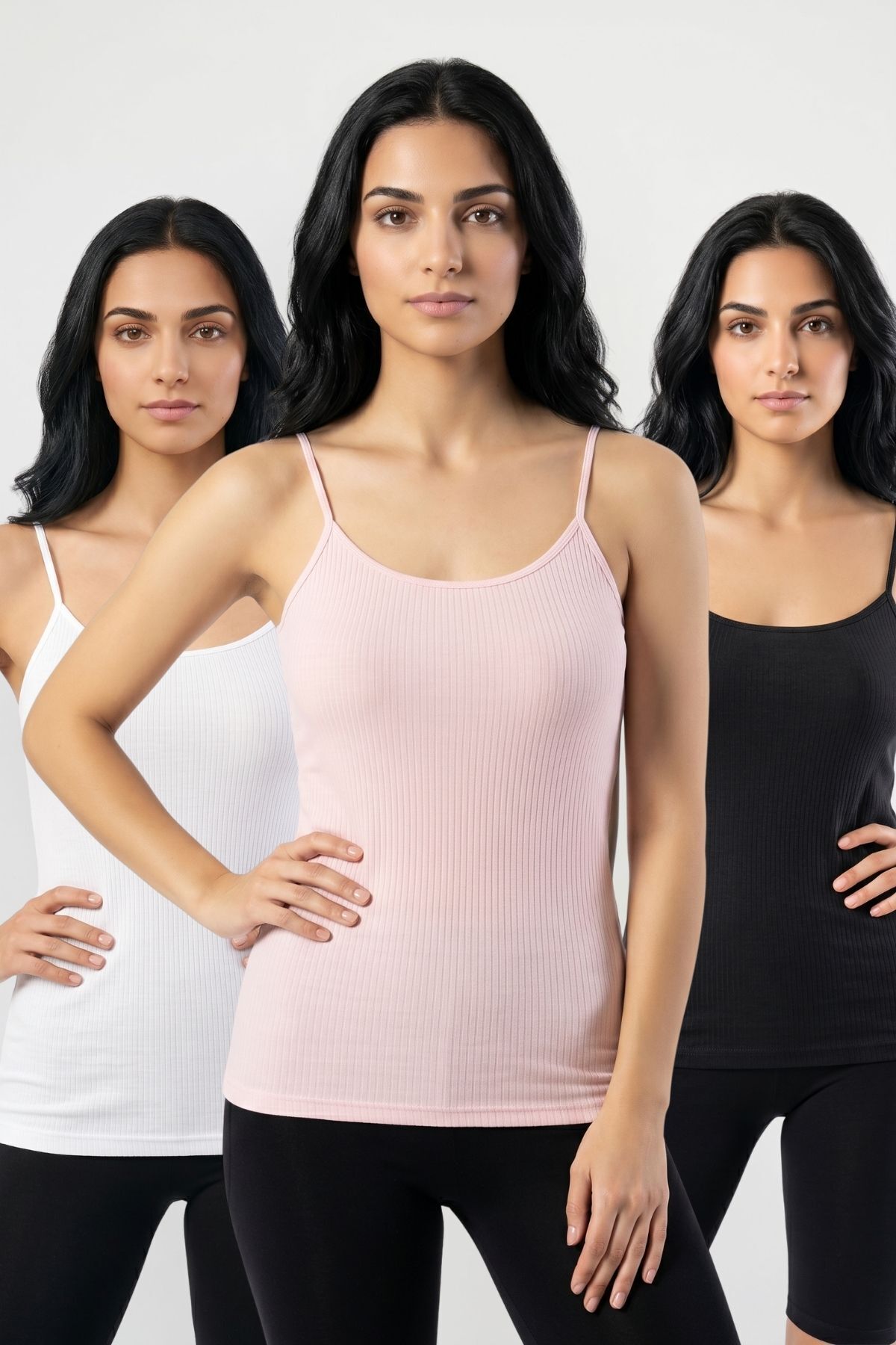 3'lü Paket Kadın %95 Pamuklu İp Askılı Ribana Atlet Esnek Nefes Alan Kumaş Günlük Basic İç Giyim Vücudu Saran Kaşkorse Tarzı Üçlü Set