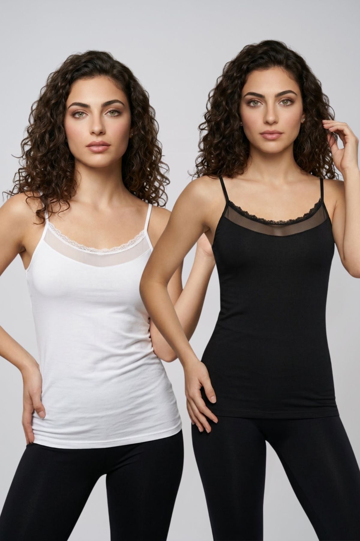 Kadın 2'li Paket Dantelli Tül Detaylı Pamuklu İp Askılı Atlet Seti Siyah Beyaz Renk Seçenekli Şık Günlük İç Giyim Esnek Rahat Kesim Penye Body M-L-XL Beden Uyumlu Kaliteli Yumuşak Kumaş - SİYAH-BEYAZ - Görsel 1