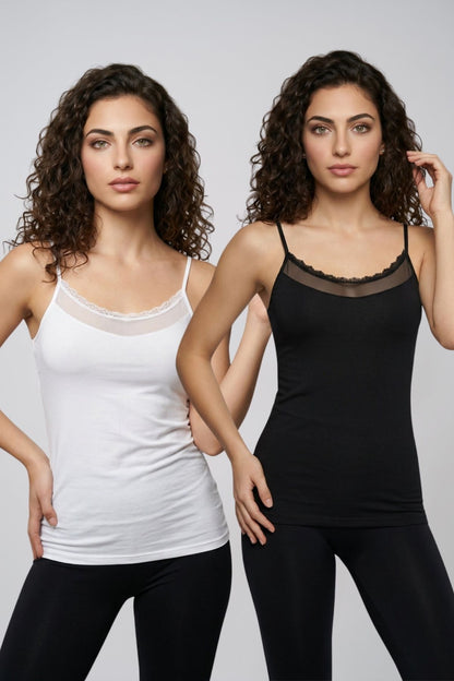 Kadın 2'li Paket Dantelli Tül Detaylı Pamuklu İp Askılı Atlet Seti Siyah Beyaz Renk Seçenekli Şık Günlük İç Giyim Esnek Rahat Kesim Penye Body M-L-XL Beden Uyumlu Kaliteli Yumuşak Kumaş - SİYAH-BEYAZ - Görsel 1
