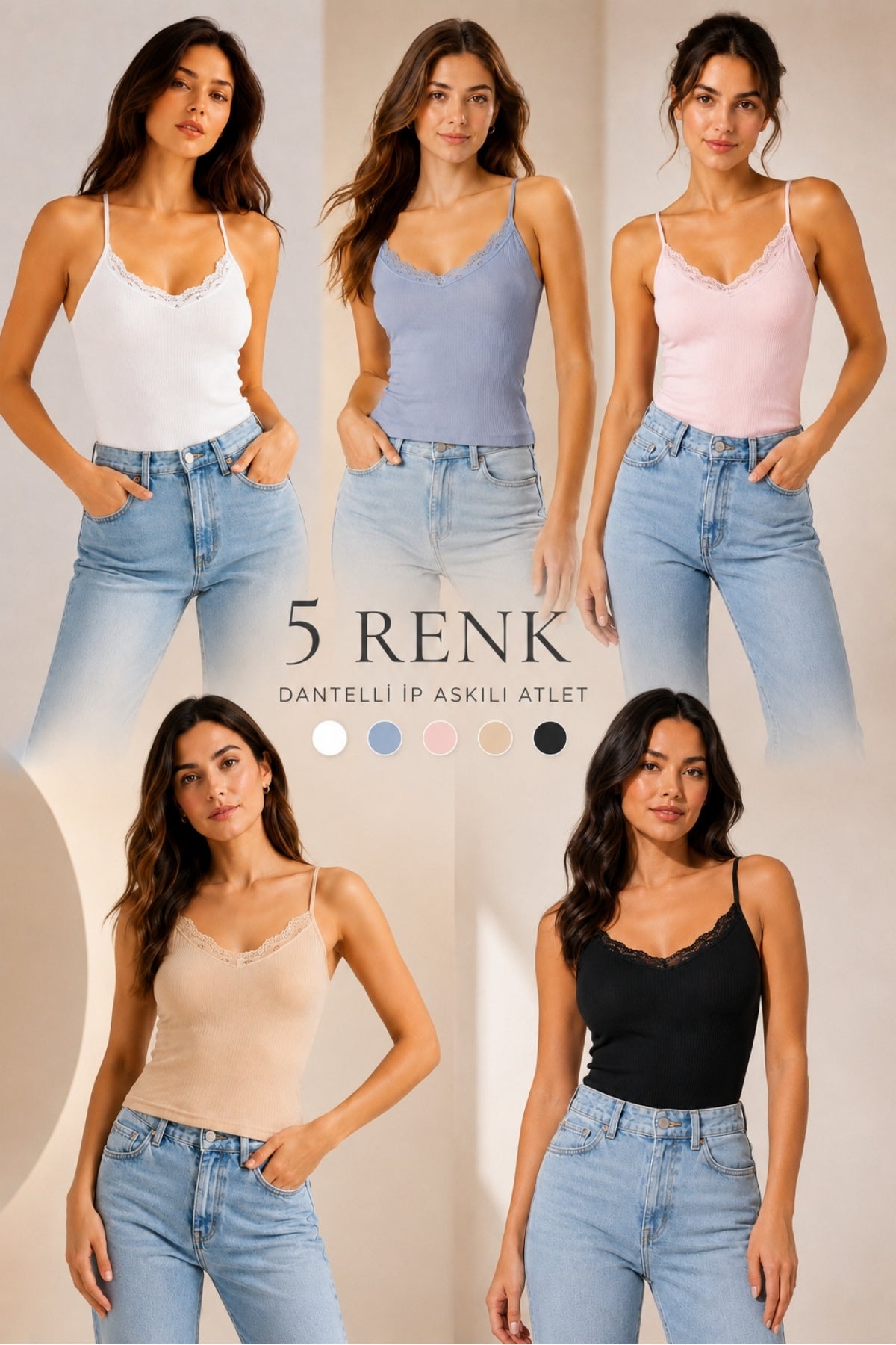 5'li Paket Kadın Pamuklu İnce Askılı Dantel Detaylı Bisiklet Yaka Ribana Esnek Atlet Günlük Rahat İç Giyim Çoklu Set - SYH-BYZ-TN-PMB-Gİ - Görsel 1